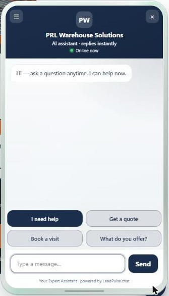 The PRL Warehouse Solutions chat open on its website. It shows a greeting, four buttons and a message box. The buttons read I need help, Get a quote, Book a visit and What do you offer.